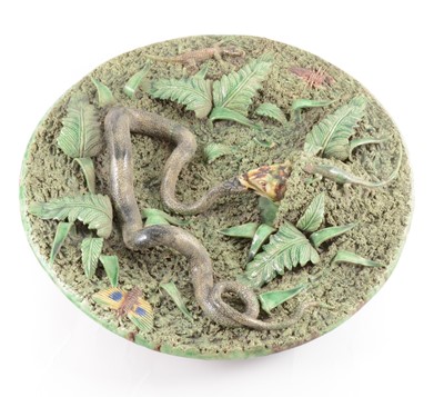 Lot 27 - A Portuguese Palissy type lead-glazed earthenware bowl, Manuel Mafra