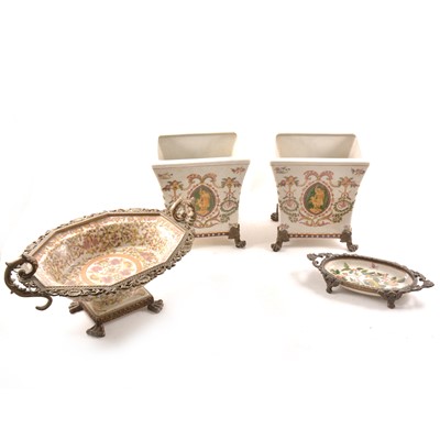 Lot 16 - Reproduction brass-mounted stoneware jardiniere, planters, etc
