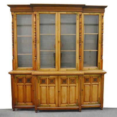 Lot 410 - Victorian Aesthetic Movement bleached walnut and ebonised breakfront bookcase.