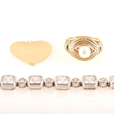 Lot 234 - A cultured pearl ring, heart pendant and crystal bracelet.