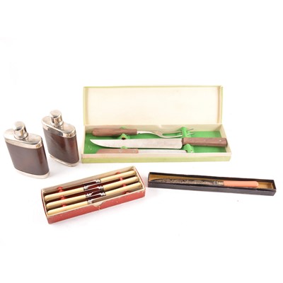 Lot 169 - A pair of modern hip flasks in a hide case, plated cutlery