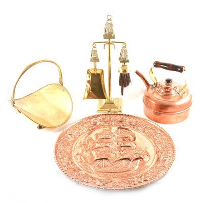Lot 116 - An Arts & Crafts wrought iron and brass spirit kettle on stand, and other metalwares