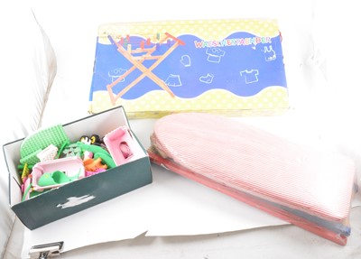 Lot 140 - A shoe box of Lego (Belville Series), Easy Play Train, and other wooden toys.