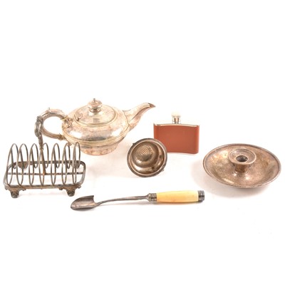 Lot 195 - Silver wine funnel, other assorted silver and plated ware in an old metal deeds box