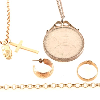 Lot 269 - Two gold chains, an earring and gold band, commemorative crown in mount on chain.