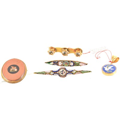 Lot 265 - Three micro mosaic brooches and two pendants.