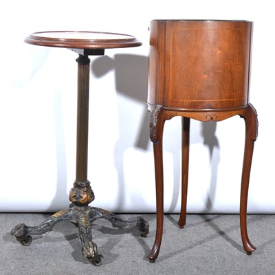 Lot 436 - A mahogany jardiniere stand, telescopic plant stand with cast base, bench seat and carved panel.