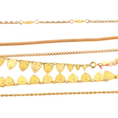 Lot 277 - A gilt metal Victorian guard chain and five other vintage necklaces.