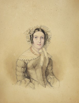 Lot 333 - Victorian School, Portrait study of a lady in a bonnet, watercolour