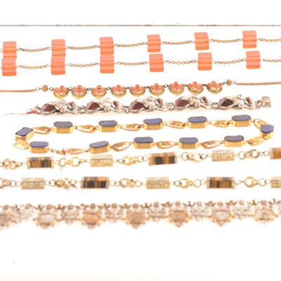 Lot 309 - Five vintage necklaces and bracelet, tiger's eye, resin, gilt metal.