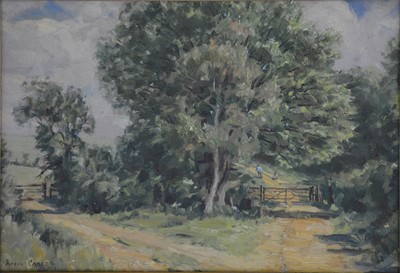 Lot 382 - Roger Corfe, a country landscape with green lane and field gate, oil on board plus two other artist works.