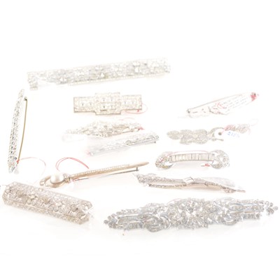 Lot 307 - Twelve vintage paste set bar brooches, mostly 1930's Czechoslovakia
