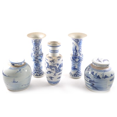 Lot 11 - A pair of Oriental blue and white kiln jars, a pair of vases, a single vase