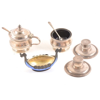 Lot 182 - Norwegian silver gilt and enamel salt, designed as a viking longboat, and English silver mustards
