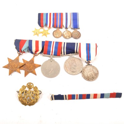 Lot 178 - WWII medal, cap badges, pins, commemorative crown