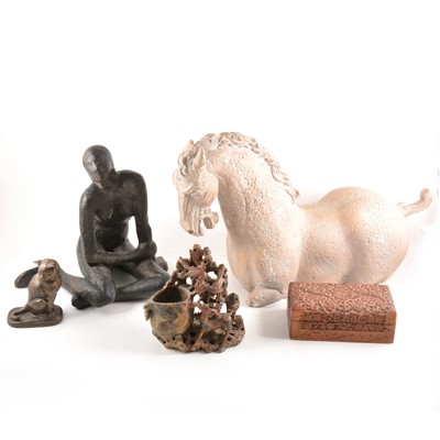 Lot 128 - Carved wood model, Lion of Lucerne, turned wooden bowls, etc