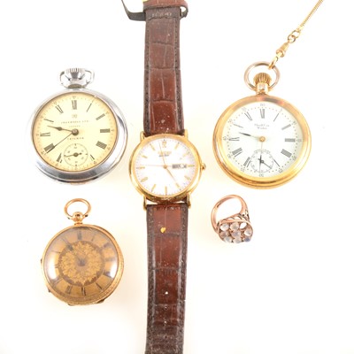 Lot 303A - An 18 carat yellow gold open face fob watch, two rings and other pocket watches.