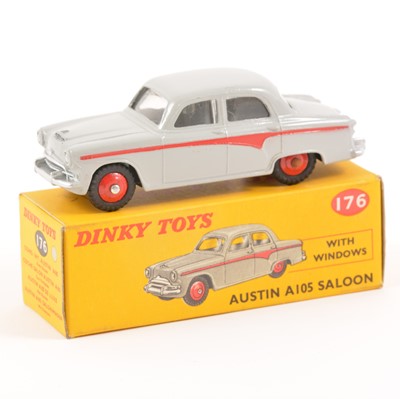 Lot 96 - Dinky Toys; no.176 Austin A105 Saloon, light grey body with red stripe, red ridged hubs, in original box.