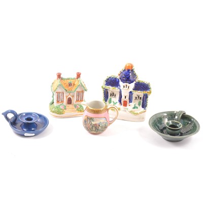 Lot 68 - A Staffordshire money box, pastille burner, two Branham chamber sticks, Prattware jug