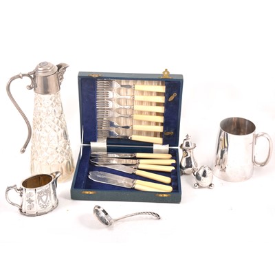 Lot 171 - A box of silver-plated wares, glass claret jug Bacchus pourer, bread baskets, pedestal sugar,  with green glass liner