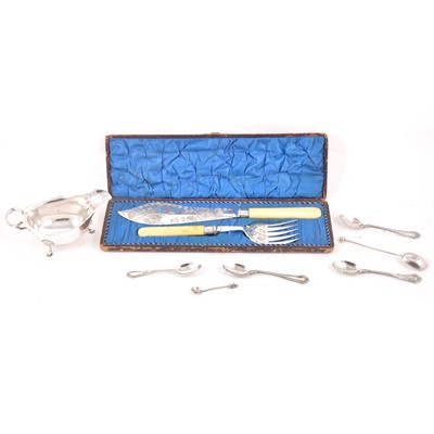 Lot 172 - A silver sauce boat by Ernest W Haywood, Birmingham 1937, plus other silver and white metal flatware