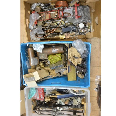 Lot 16 - Three boxes of live steam railway parts and spares; including four locomotive chassis, 2.5inch gauge and 3.5inch gauge