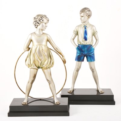 Lot 39 - Ferdinand Preiss, 'Sonny Boy' and 'Hoop Girl' a large pair of Art Deco bronze figures