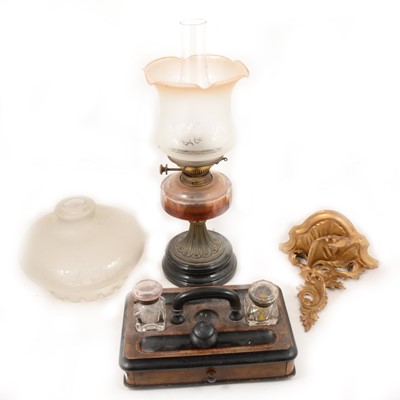 Lot 218 - Victorian oil lamp, shade, deskstand, and corner bracket.