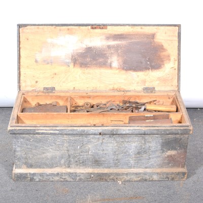 Lot 79 - Small stained pine carpenter's tool chest and contents, including brace, moulding planes, etc.