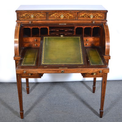 Lot 443 - Edwardian rosewood and marquetry cylinder top bureau, in the style of Edwards & Roberts
