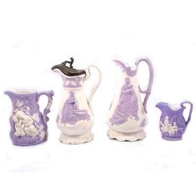 Lot 58 - Parian Naomi jug, Rebecca at the well jug, Gypsy jug and Babes in the Wood jug