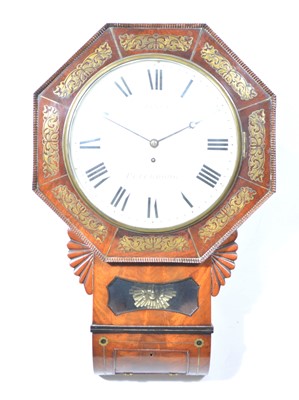 Lot 281 - Victorian mahogany and brass inlaid Norfolk type wall clock, signed B. Emanuel, Peterborough