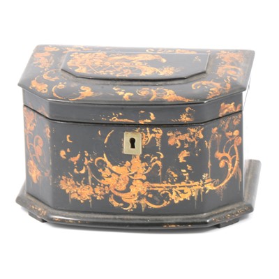 Lot 102 - Early Victorian black lacquered papier-mache tea caddy