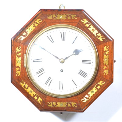 Lot 277 - Victorian rosewood and brass inlaid wall clock, octagonal case