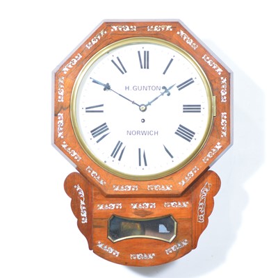 Lot 278 - Victorian rosewood and mother of pearl inlaid Norfolk type wall clock, signed H. Gunton, Norwich