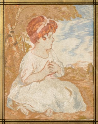 Lot 123 - English longstitch needlework of a seated girl.