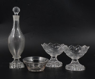 Lot 21 - Pair of Regency glass salts, vinegar bottle and patty pan