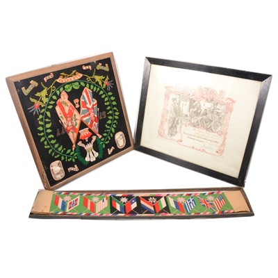 Lot 200A - Edwardian woolwork panel, woolwork flag panel and a Great War discharge certificate