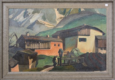 Lot 364 - Tom Osborne Robinson - Worker and barns in a mountainous landscape.