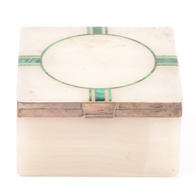 Lot 201 - Art Deco alabaster malachite inlaid and silver gilt mounted cigarette box
