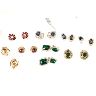 Lot 347 - Eight pairs of costume earrings set with simulated rubies, emeralds and sapphires.