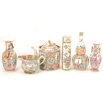 Lot 108 - Assorted Cantonese famille rose vases and large teapot.
