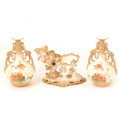 Lot 72 - Moore Bros porcelain centrepiece, and pair of Depose EW Turn Wien vases.
