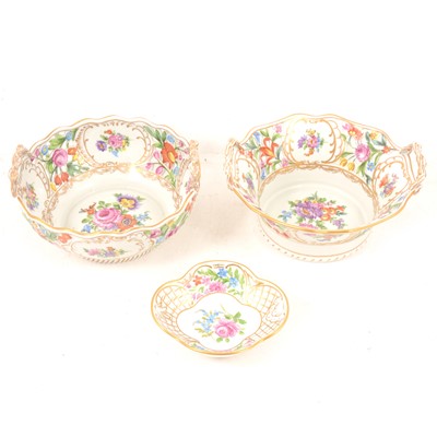 Lot 85 - Two large Dresden porcelain baskets/ bowls and a dish, late 20th Century.