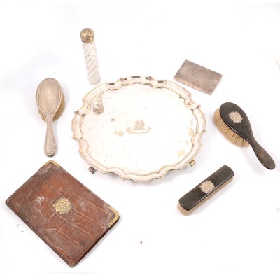 Lot 226 - Silver cigarette case, crocodile wallet, dressing table accessories, plated tray