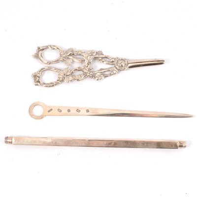 Lot 242 - Pair of silver grape scissors, meat skewer and rule