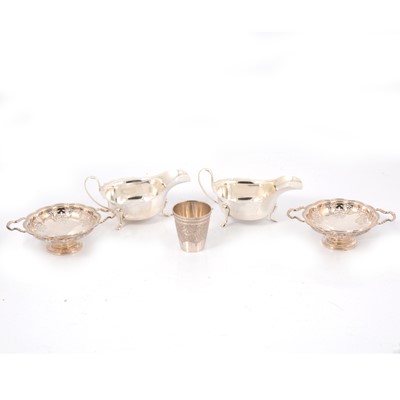Lot 240 - Pair of silver bonbon dishes, pair of silver sauce boats and a Continental beaker