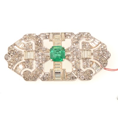 Lot 317 - Art Deco faux emerald and clear paste  brooch.