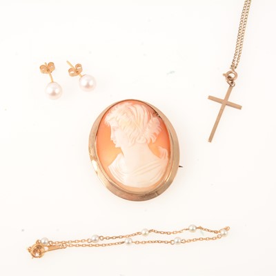 Lot 288 - Cameo brooch, cross and chain, pearl earrings, fine bracelet.