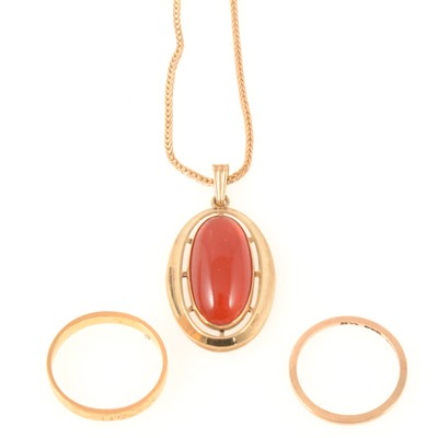 Lot 296 - Two gold wedding rings and a pendant and chain
